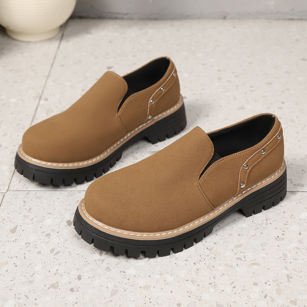 Sarah Express Women's Rivet Slip-On Chunky Heel Shoes Brown