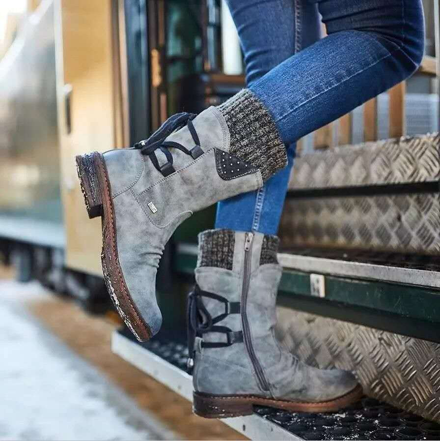 Sarah Express Casual Mid-Calf Lace-Up Winter Boots Grey