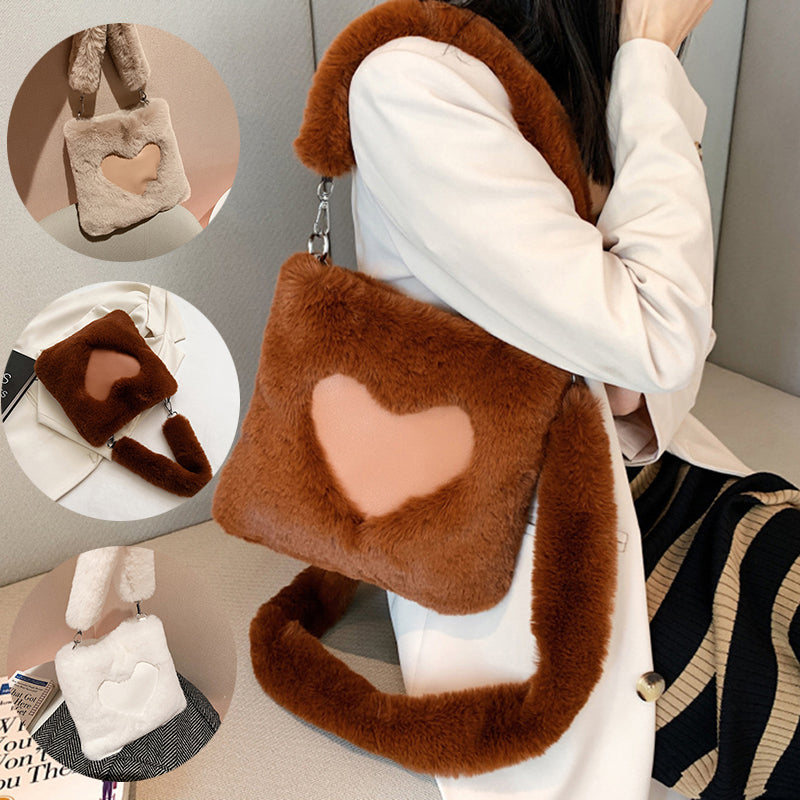 Sarah Express Plush Heart Detail Vertical Shoulder Bag