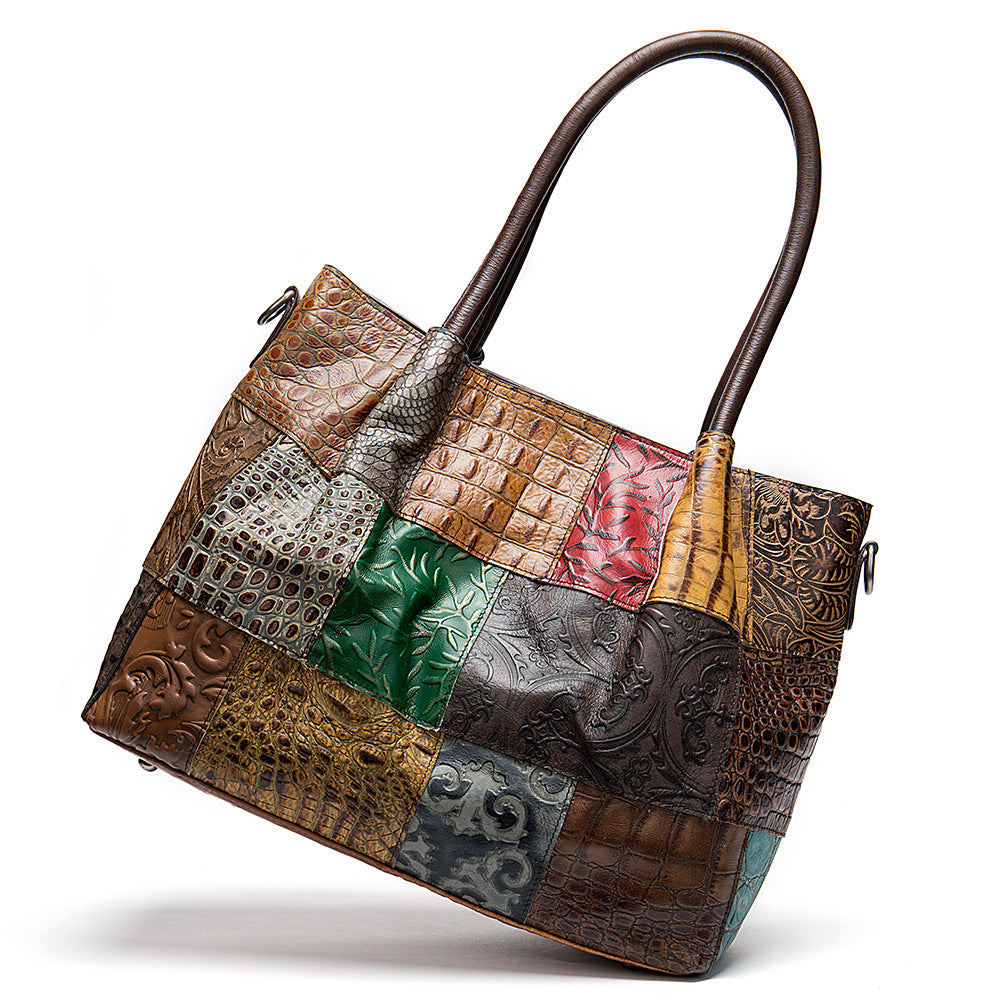 Sarah Express Patchwork Cowhide Leather Shoulder Handbag