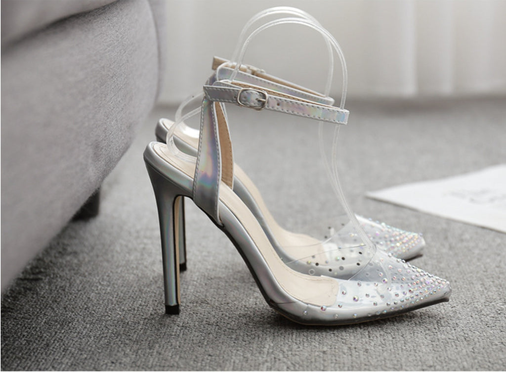 Sarah Express Pointed Toe Stiletto Sandals with Rhinestones