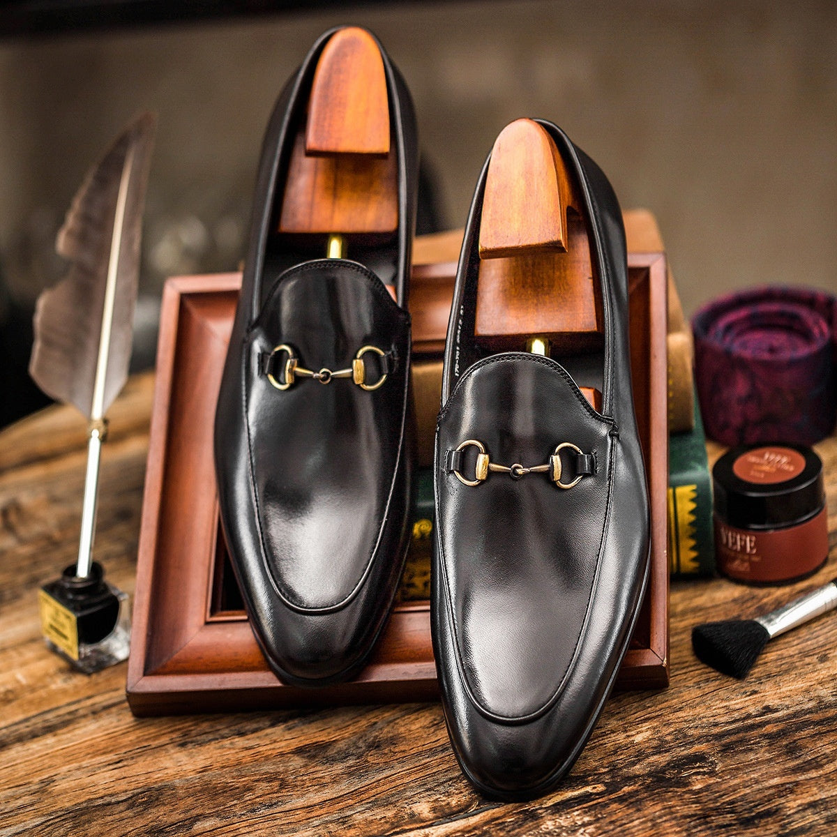 Sarah Express Men's Horsebit Leather Round Toe Loafers Black