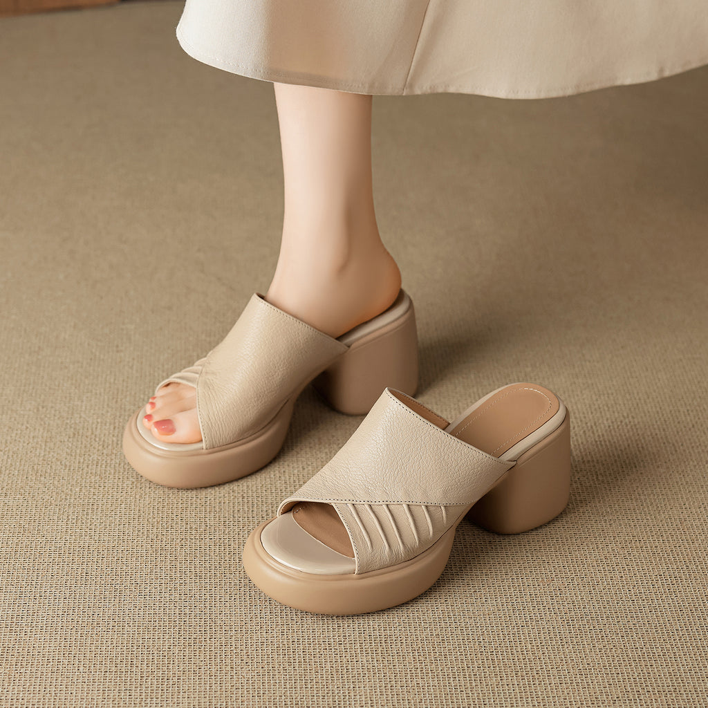 Sarah Express Ruched Lambskin Leather Block Heel Slides