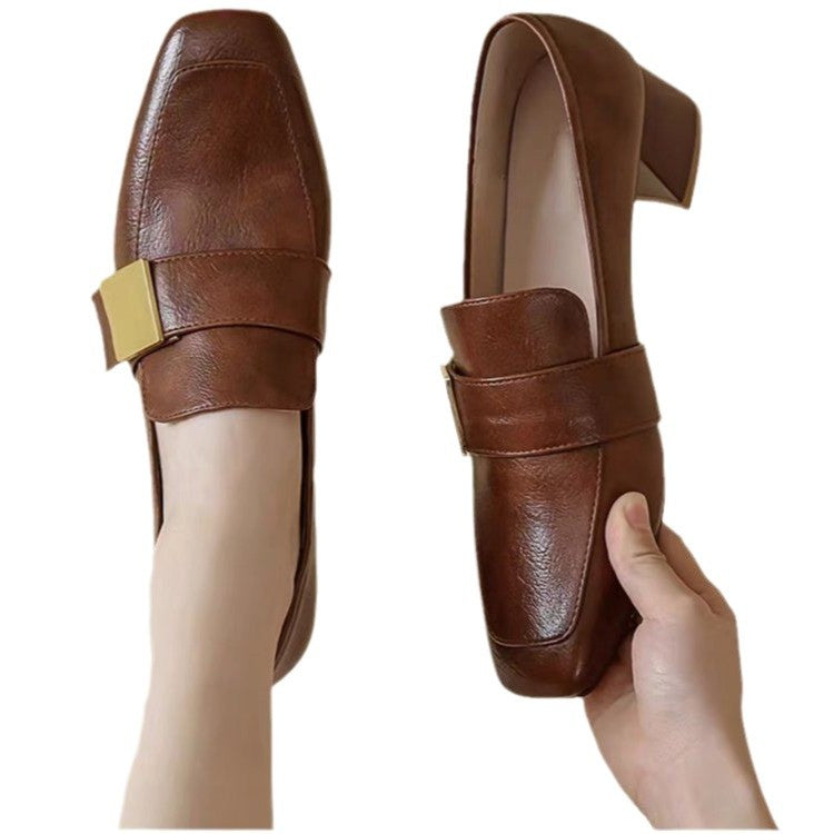 Sarah Express Retro Square Toe Chunky Heel Pumps