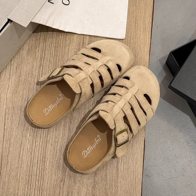 Sarah Express Women's Suede Round-Toe Casual Sandals Khaki