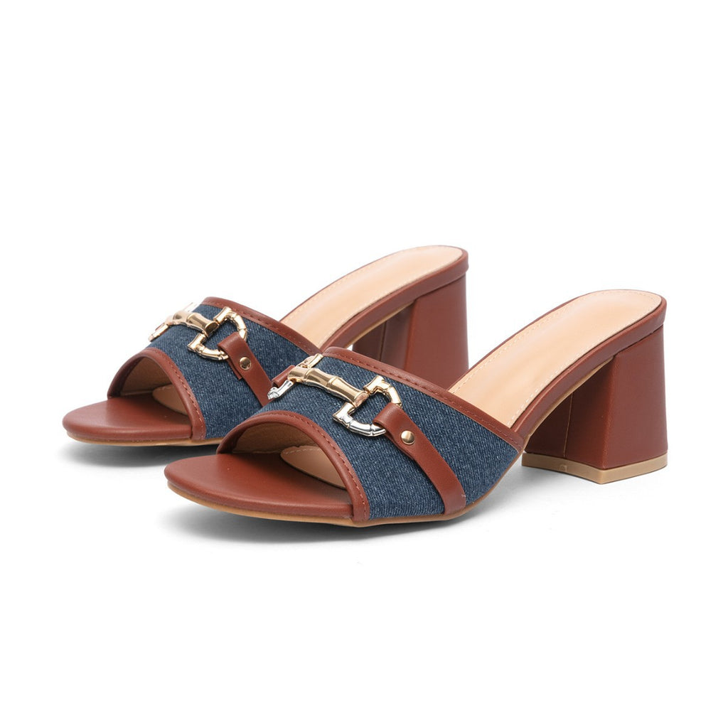 Sarah Express Women's Chunky Heel Square-Toe Slip-On Sandals