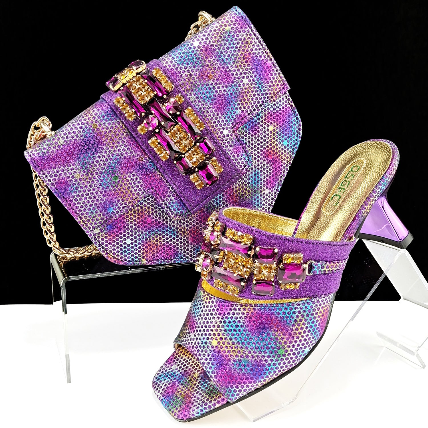 Sarah Express Camouflage Pattern Embellished Mule And Bag Set Purple