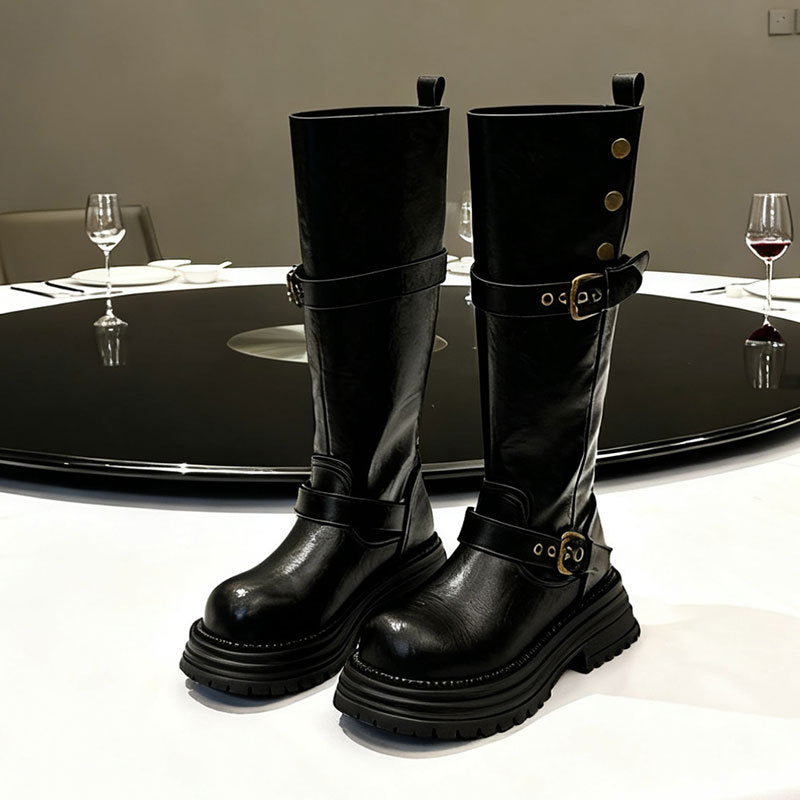 Sarah Express Retro Chunky Heel Knee High Boots Black