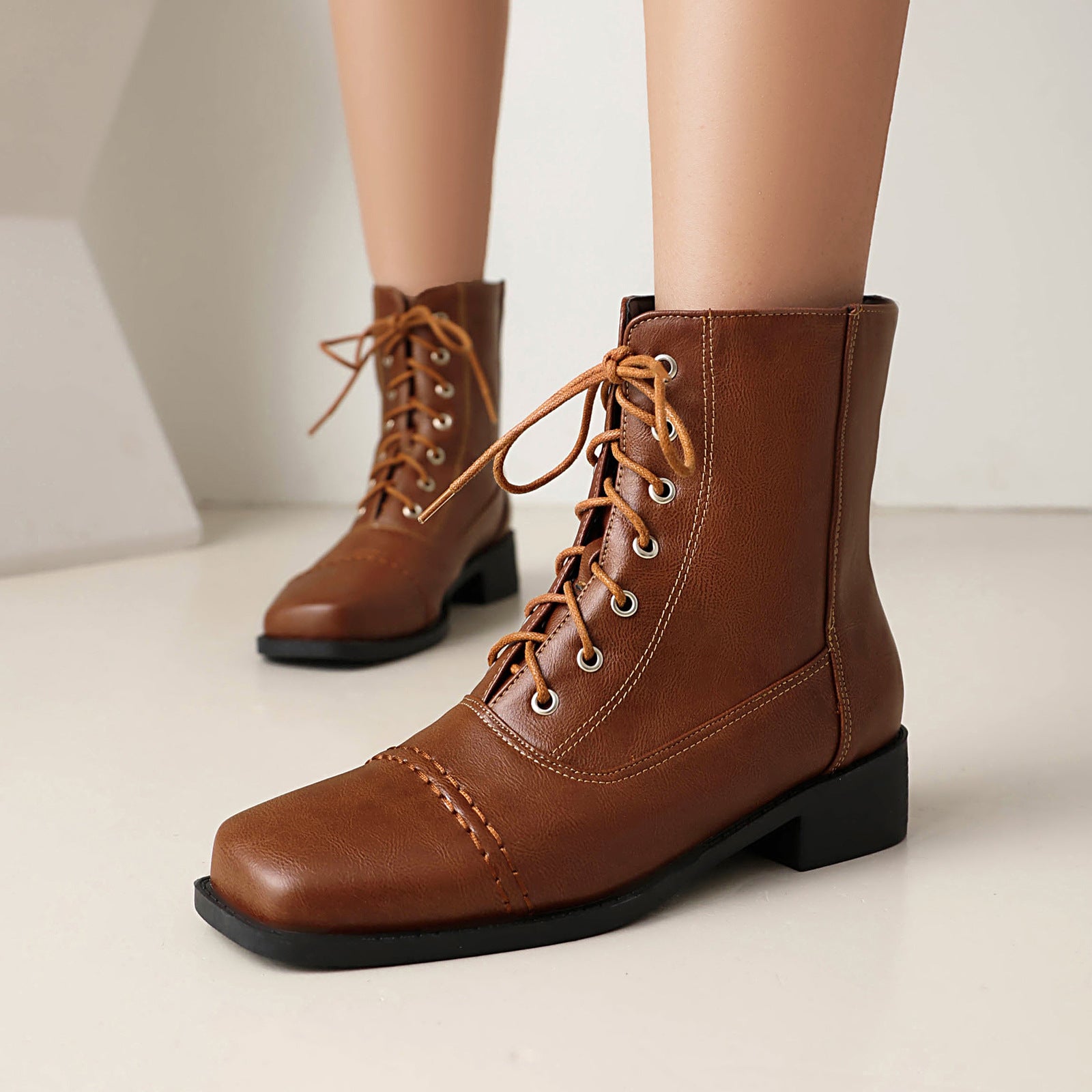 Sarah Express Women's Lace-Up Square-Toe Motorcycle Boots