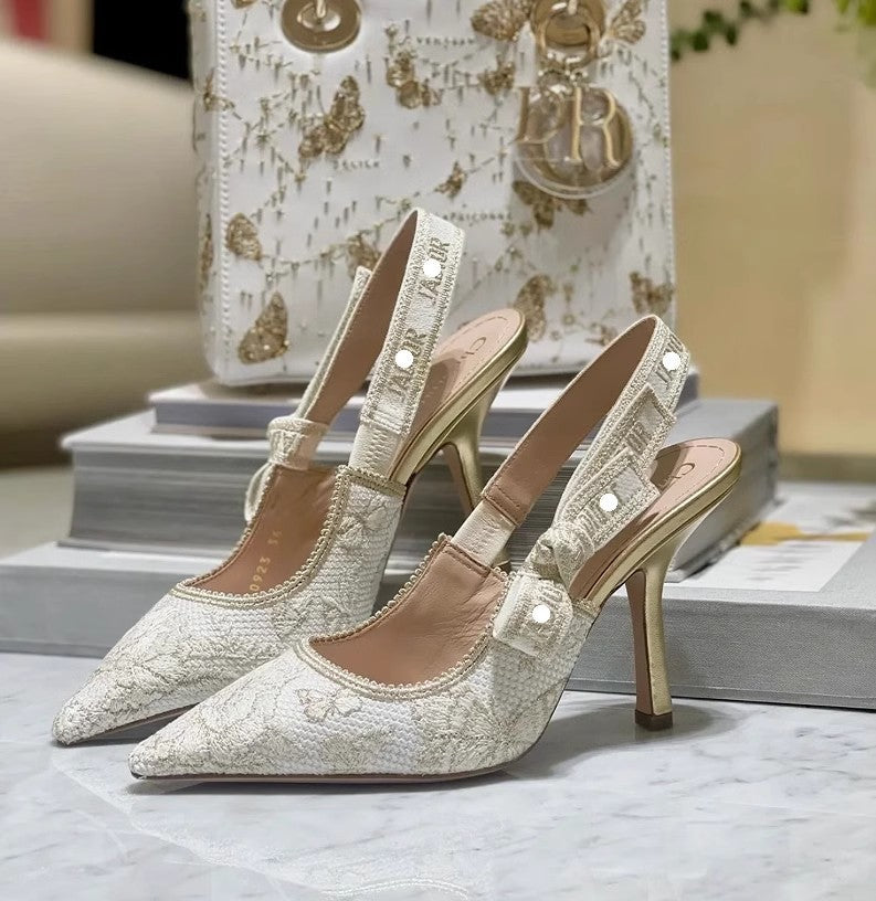 Sarah Express Gold Bow Strap Pointed Toe Heels