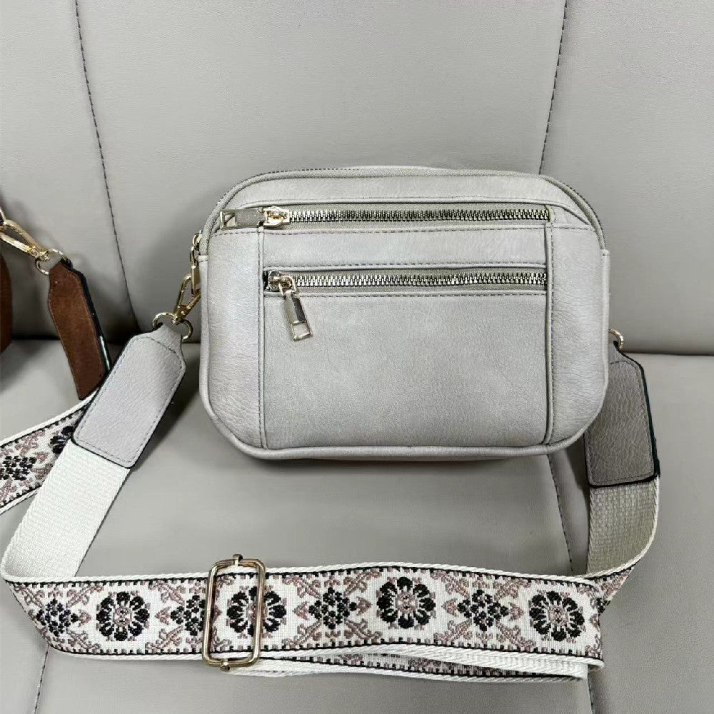 Sarah Express Triple-Zipper Crossbody Bag With Embroidered Strap