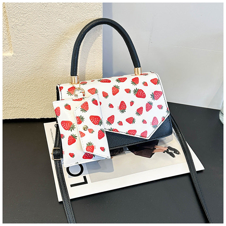 Sarah Express Strawberry Print Structured Crossbody Shoulder Bag Black
