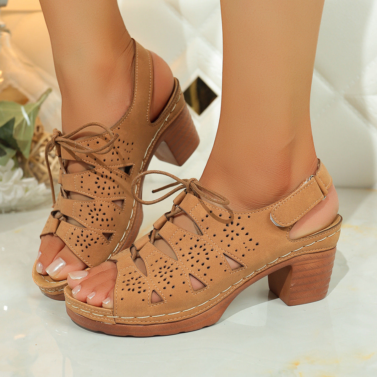 Sarah Express Cutout Lace-Up Mid-Heel Sandals