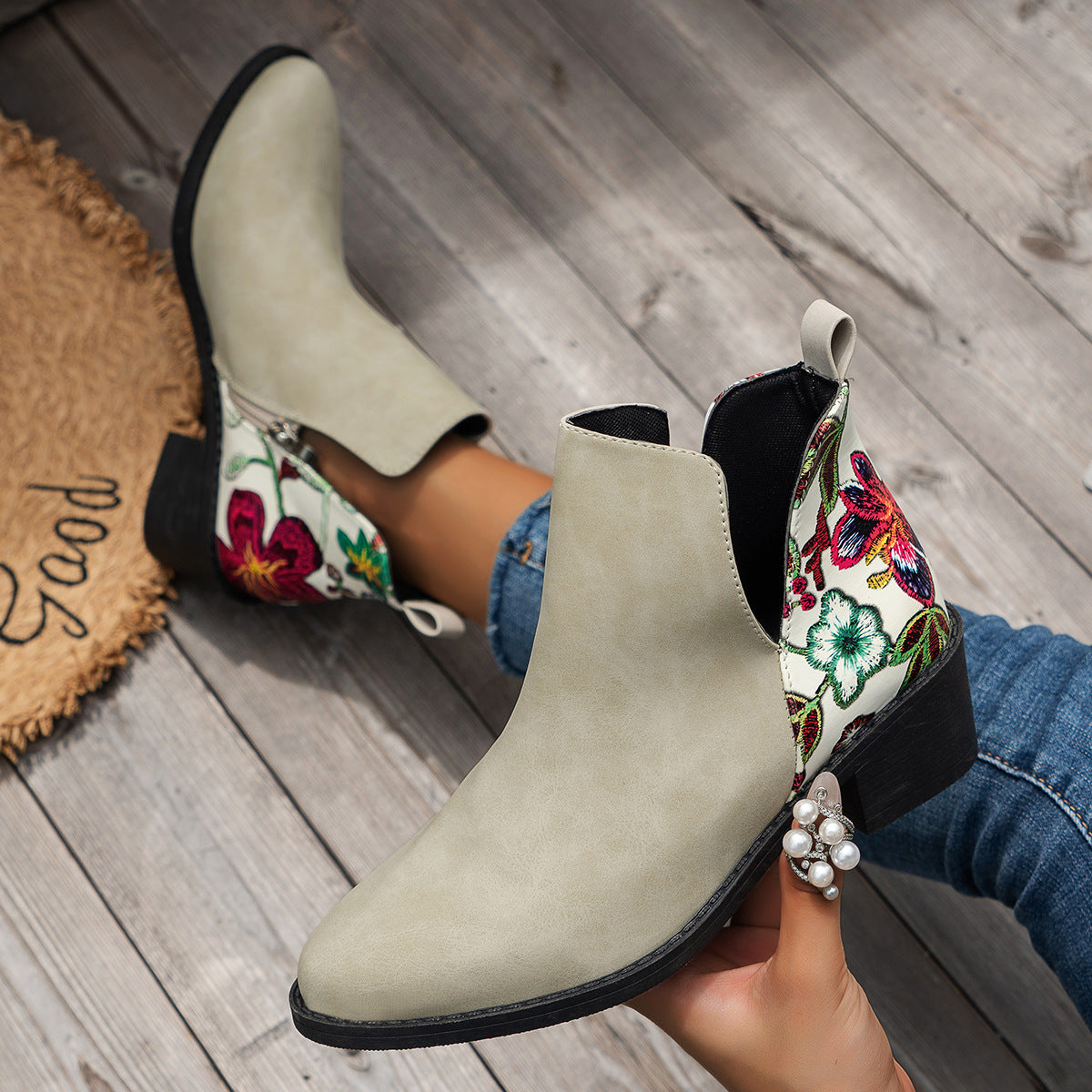 Sarah Express Floral Print Pointed Toe Ankle Boots