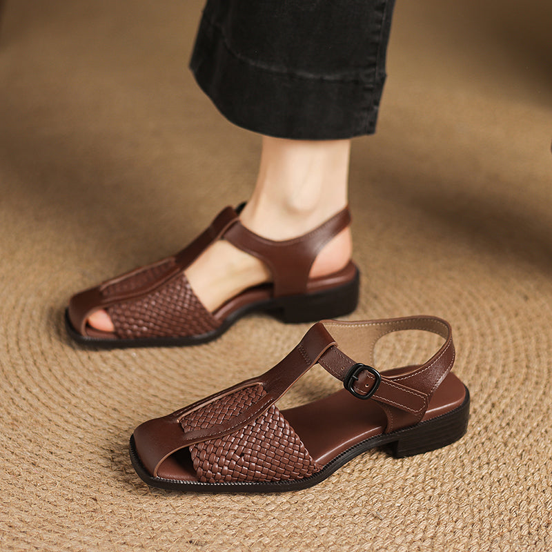 Sarah Express Woven T-Strap Block Heel Sandals