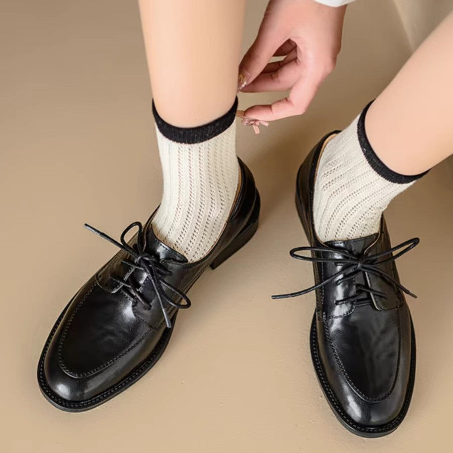 Sarah Express Round Toe Chunky Heel Leather Loafers Black