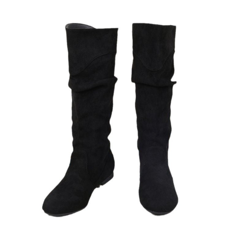 Sarah Express Pleated PU Leather Mid-Calf Chunky Heel Boots