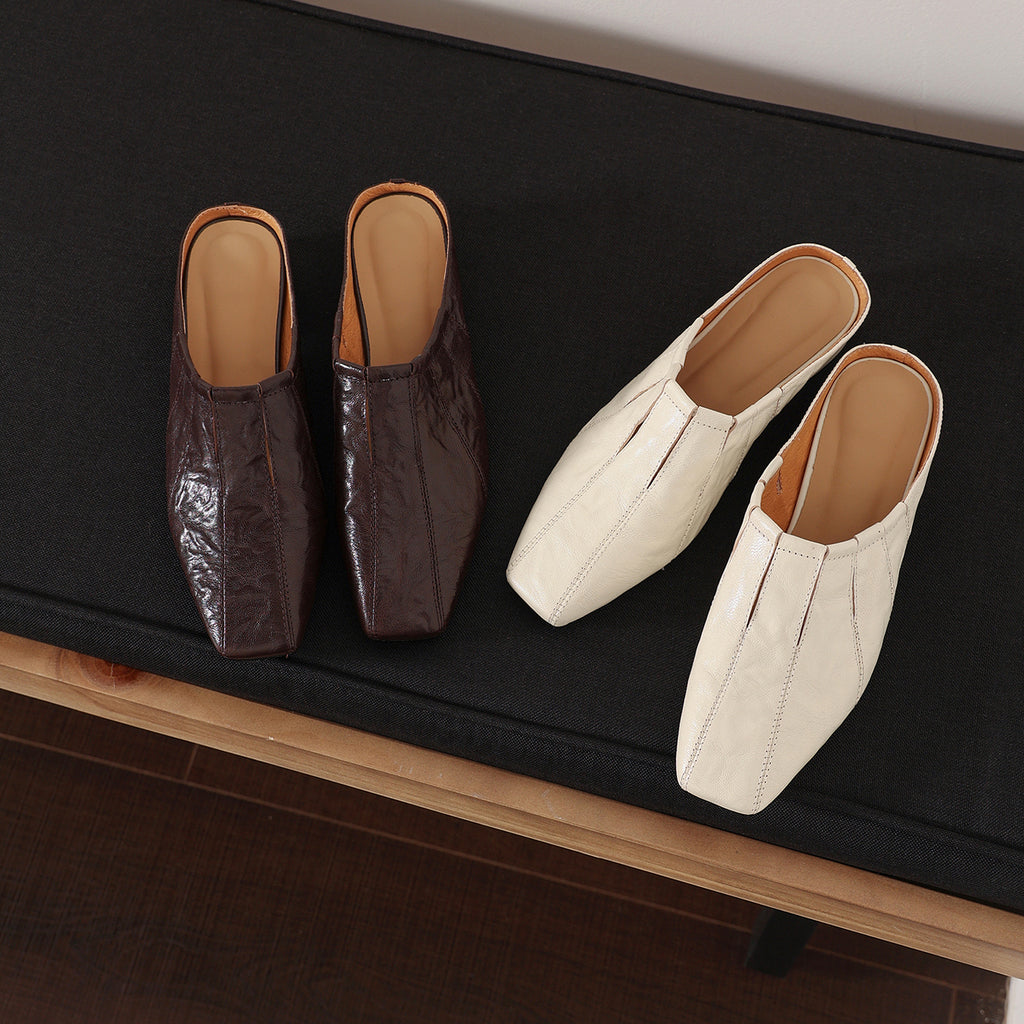 Sarah Express Washed Cowhide Square-Toe Low Block Mules
