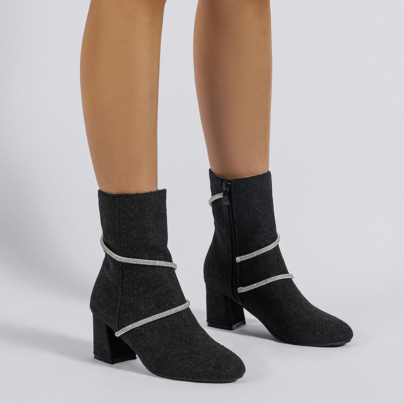 Sarah Express Chunky Mid Heel Rhinestone Chain Boots Black