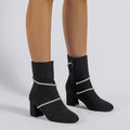 Sarah Express Chunky Mid Heel Rhinestone Chain Boots Black