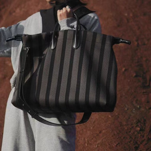 Sarah Express Large Capacity Striped Cowhide Leather Tote