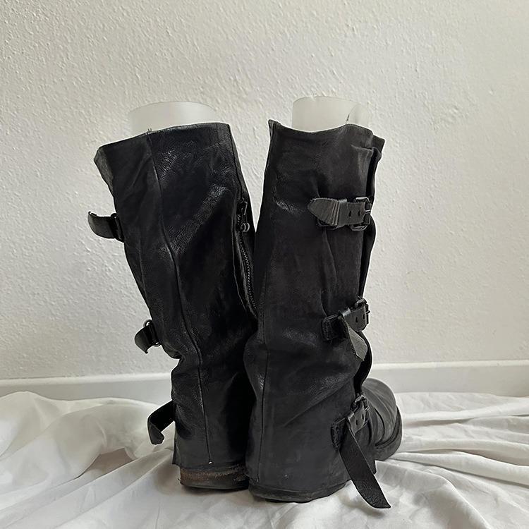Sarah Express Retro Buckle Pleated Mid-Calf Boots