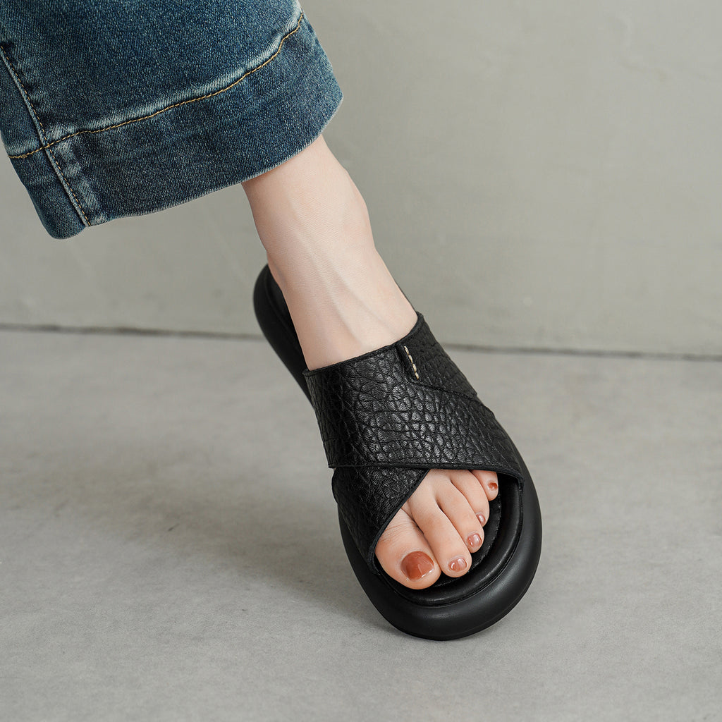 Sarah Express Sheepskin Crisscross Platform Slide Sandals