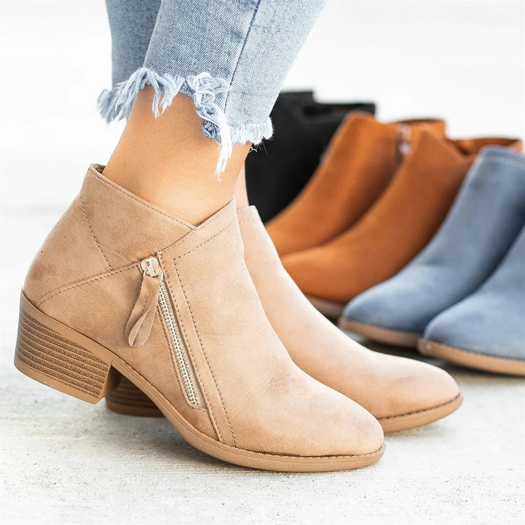 Sarah Express Suede Chunky Heel Side Zip Boots