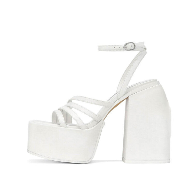 Sarah Express Square Toe Platform Chunky Heel Sandals White