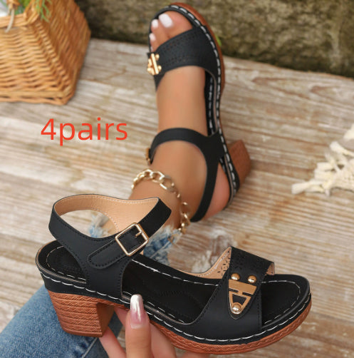 Sarah Express Chunky Heel Wide-Width Roman Sandals Black 4pairs