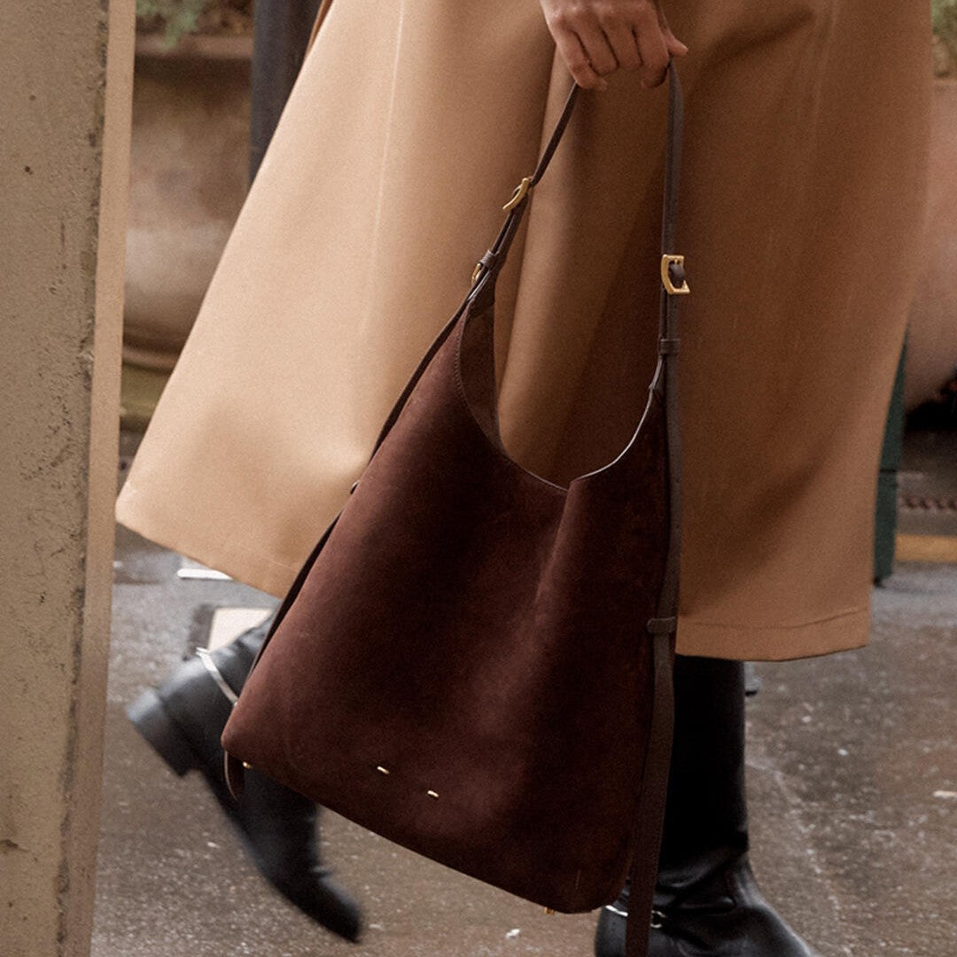 Sarah Express Suede Bucket Shoulder Bag Patchwork Detail