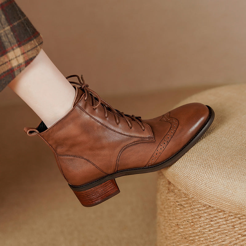 Sarah Express Retro Cowhide Leather Chunky Ankle Boots