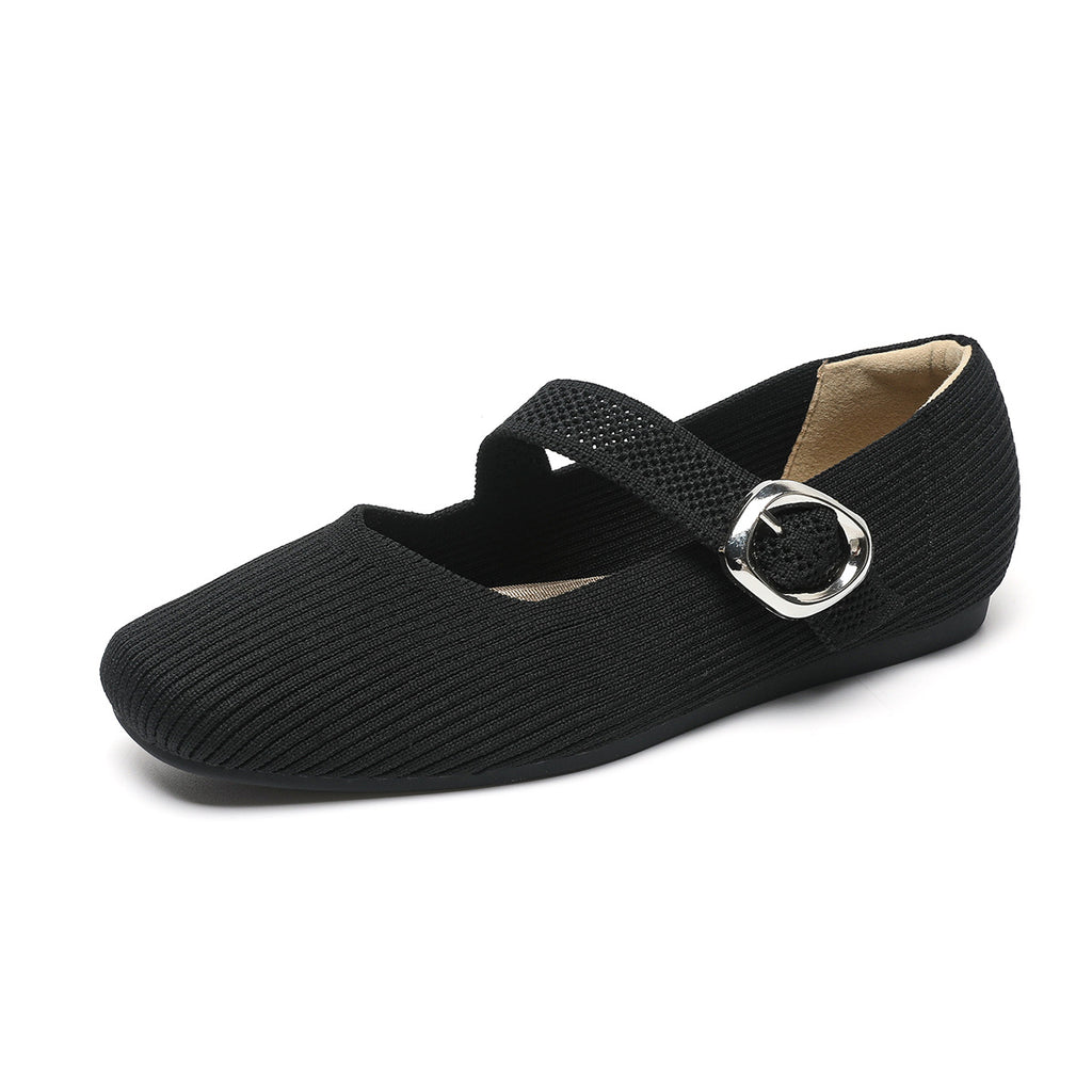 Sarah Express Women's Mary Jane Knit Flat Shoes Black