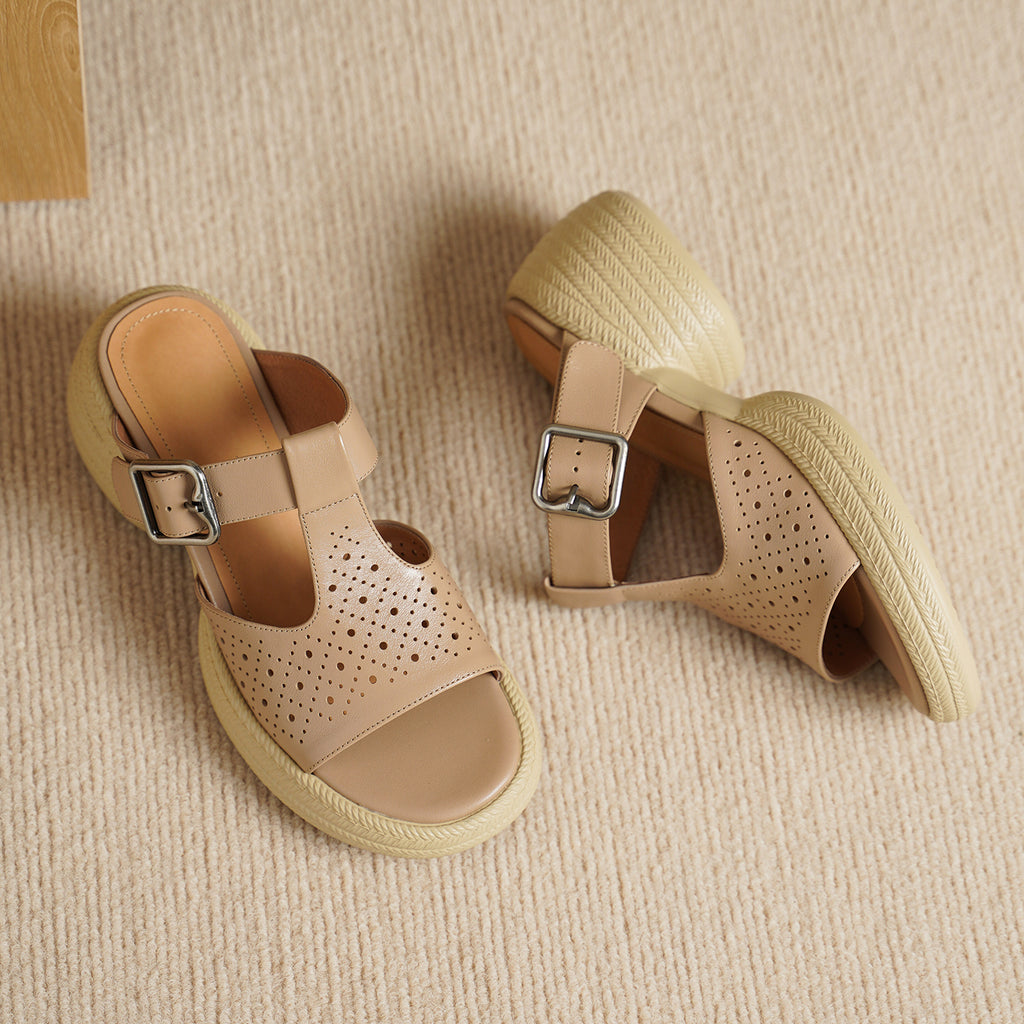Sarah Express Perforated Leather T-Strap Platform Sandals