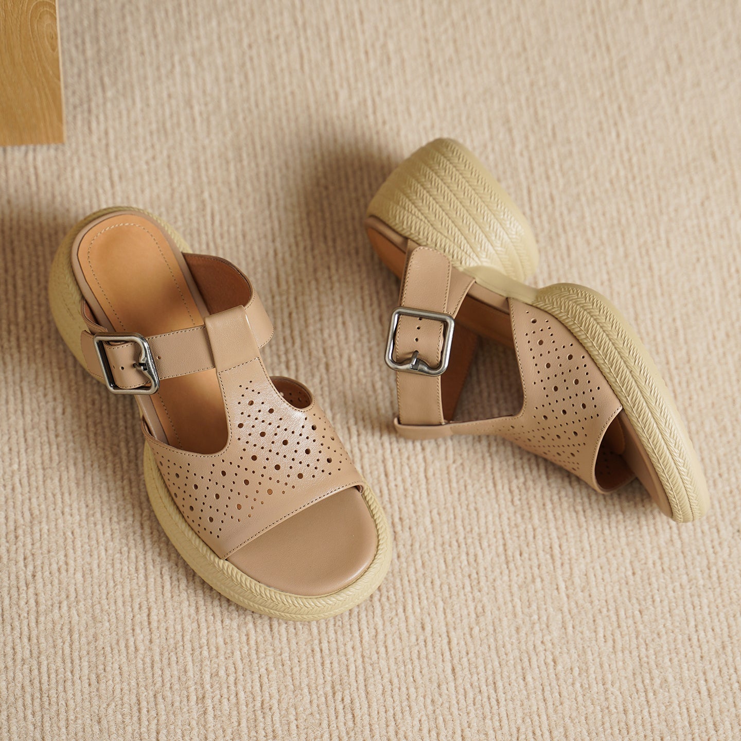 Sarah Express Perforated Leather T-Strap Platform Sandals