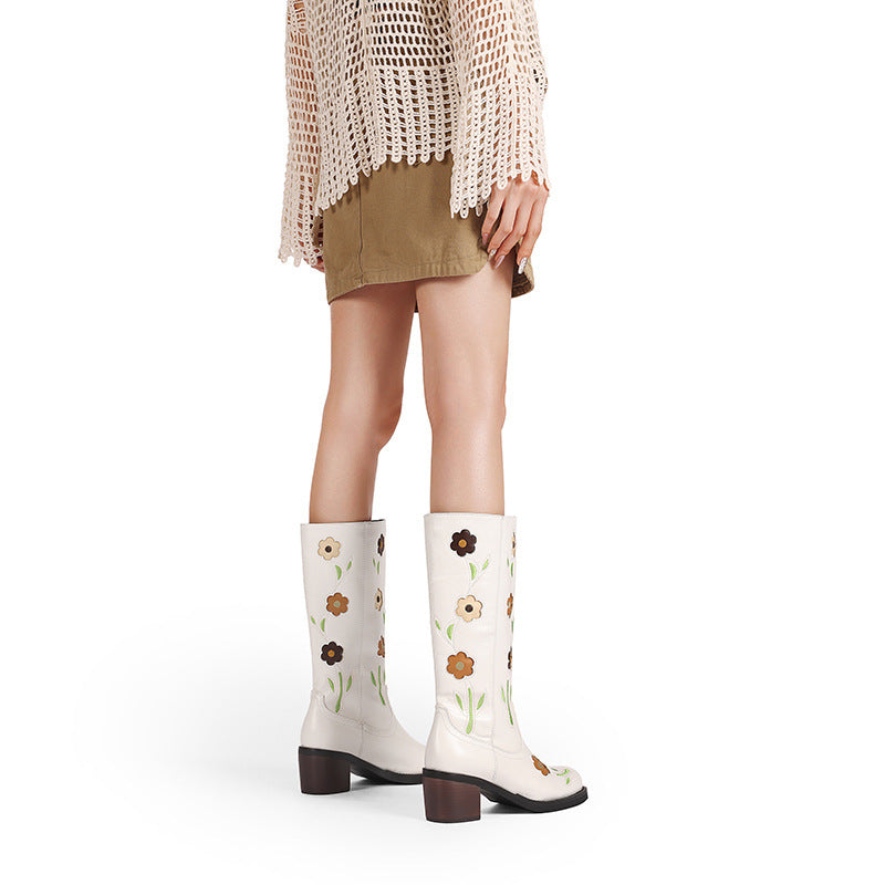 Sarah Express Women's Floral Embroidered Mid-Calf Western Boots