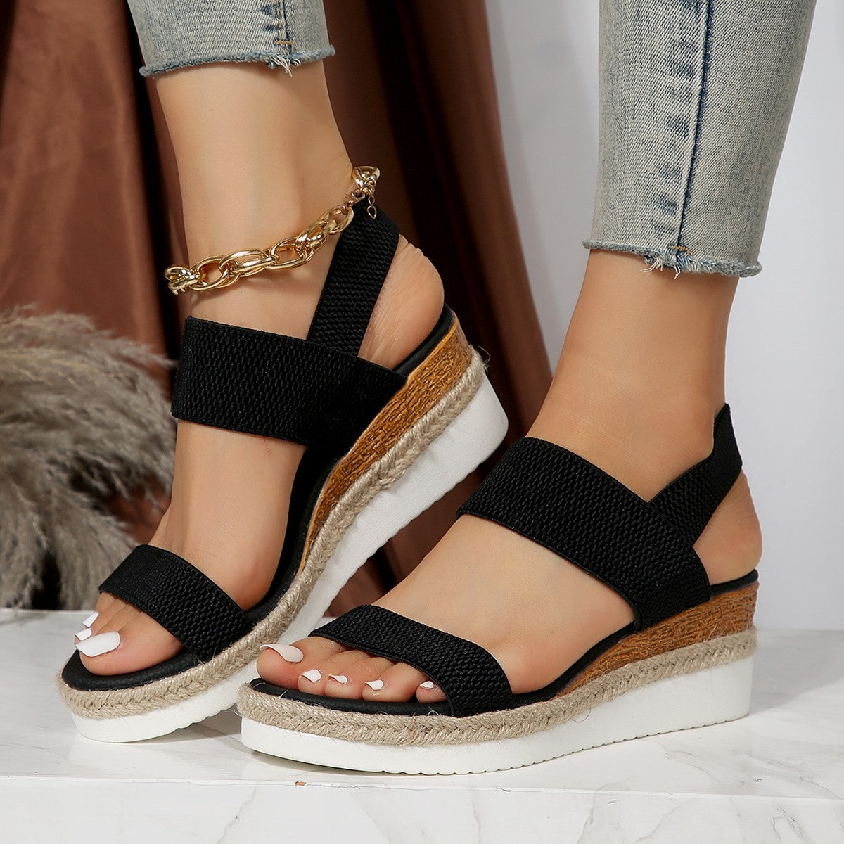 Sarah Express Elastic Strap Platform Wedge Sandals