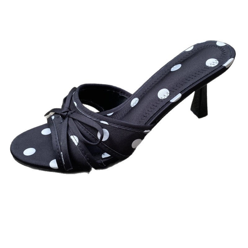 Sarah Express Polka Dot Satin Bow High Heel Slippers
