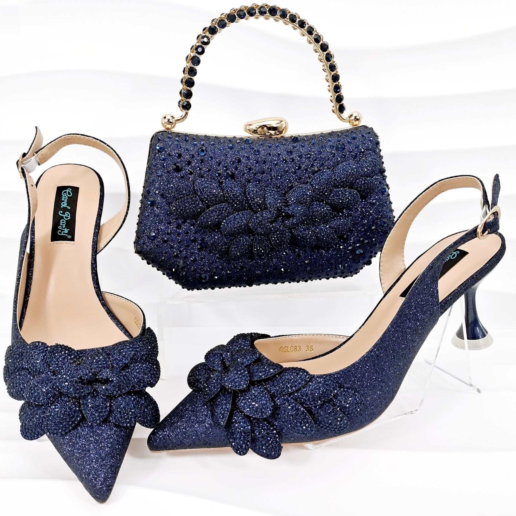 Sarah Express Rhinestone Floral Party Heels and Bag Set