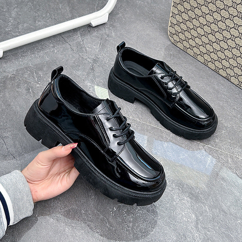 Sarah Express British-style Chunky Heel Lace-up Loafers Black