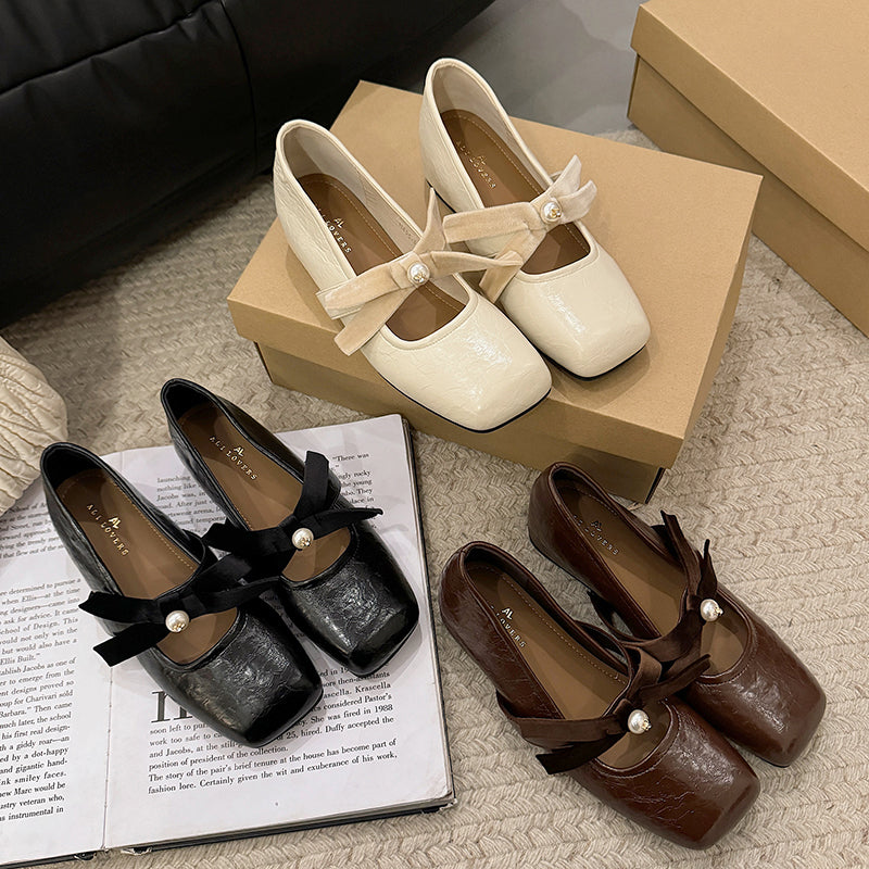 Korean Version Of Pearl Bow Single Shoes Women's Shoes 2026 Spring New Item With Increased Height Ballet Shoes French Mary Jane Shoes – product detail