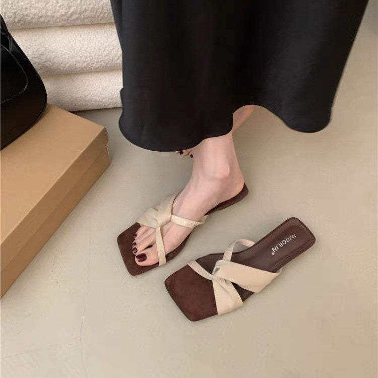 Women French Unique Design Block Heel Slide Sandals, 2026 New Summer Square Toe Open Toe Mid Heel Outdoor Slippers – front product view