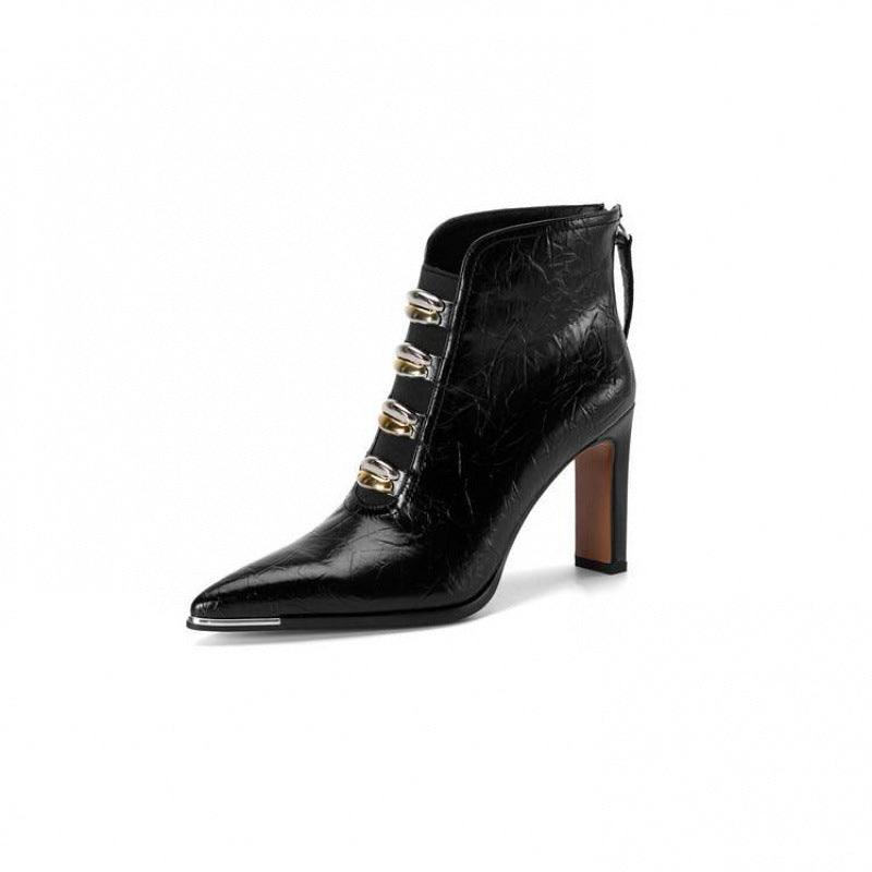 Sarah Express Pointed-Toe Satin Chunky Heel Ankle Boots