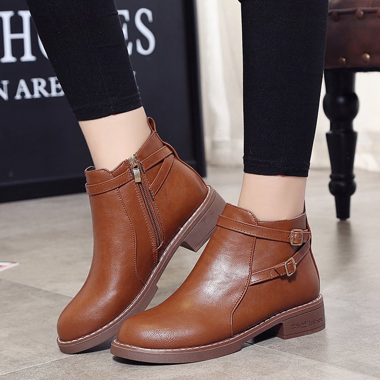 Sarah Express Women's Low Heel Buckle Ankle Boots