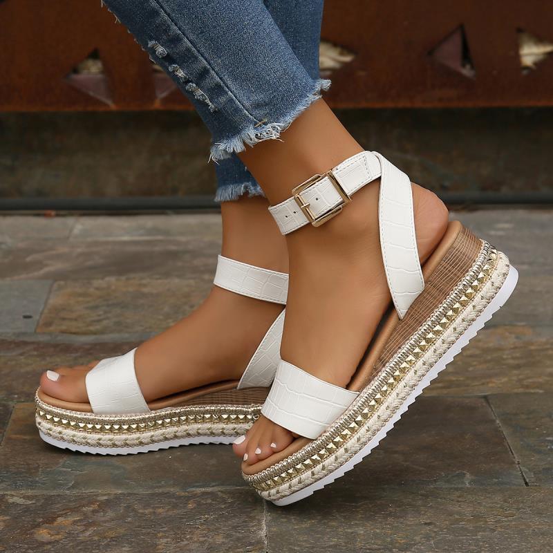 Sarah Express Women's Platform Buckle Strap Sandals White