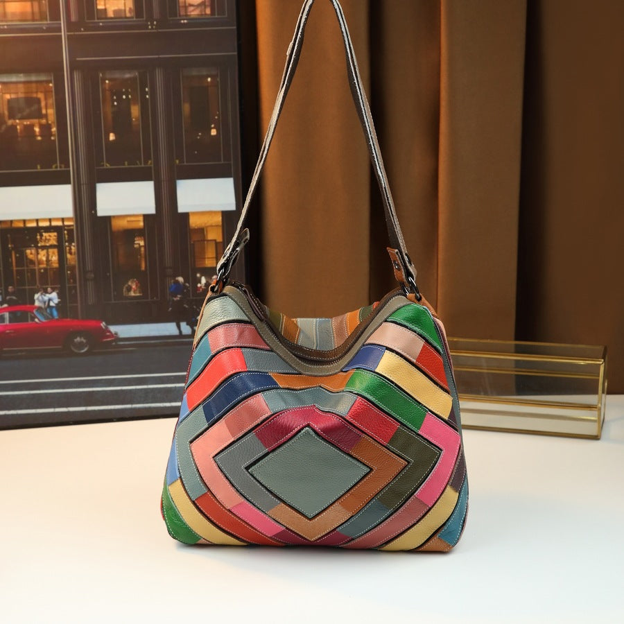 Sarah Express Geometric Patchwork Leather Shoulder Bag Color