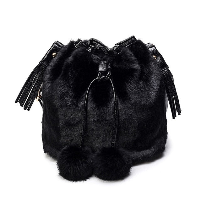 Sarah Express Plush Bucket Bag with Drawstring Closure Black