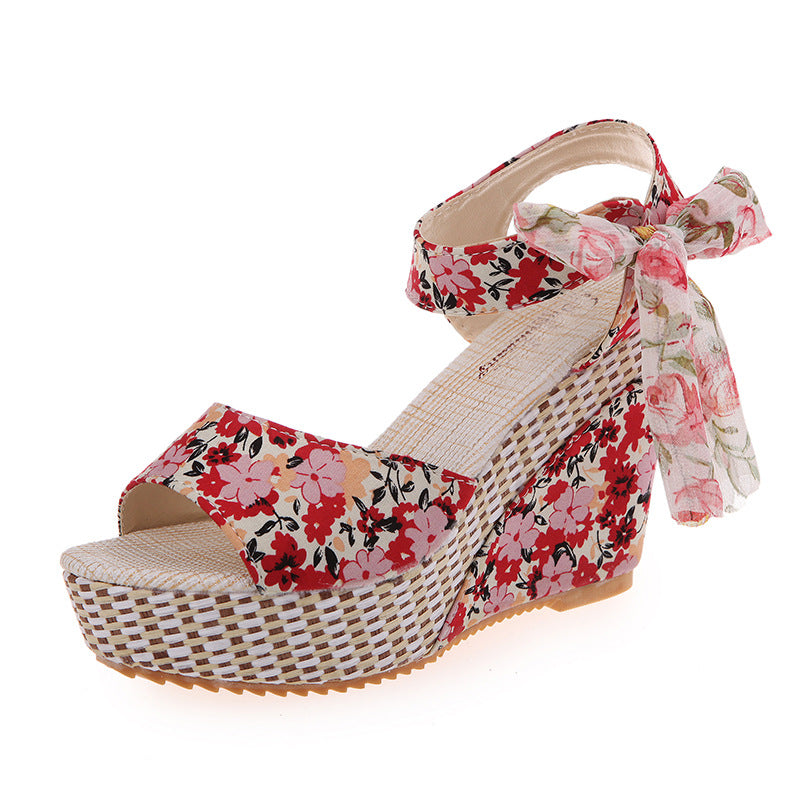 Sarah Express Bohemian Floral Wedge Sandals Pink 35