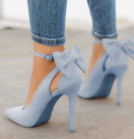 Sarah Express Pointed-Toe Bow Stiletto High Heels Blue