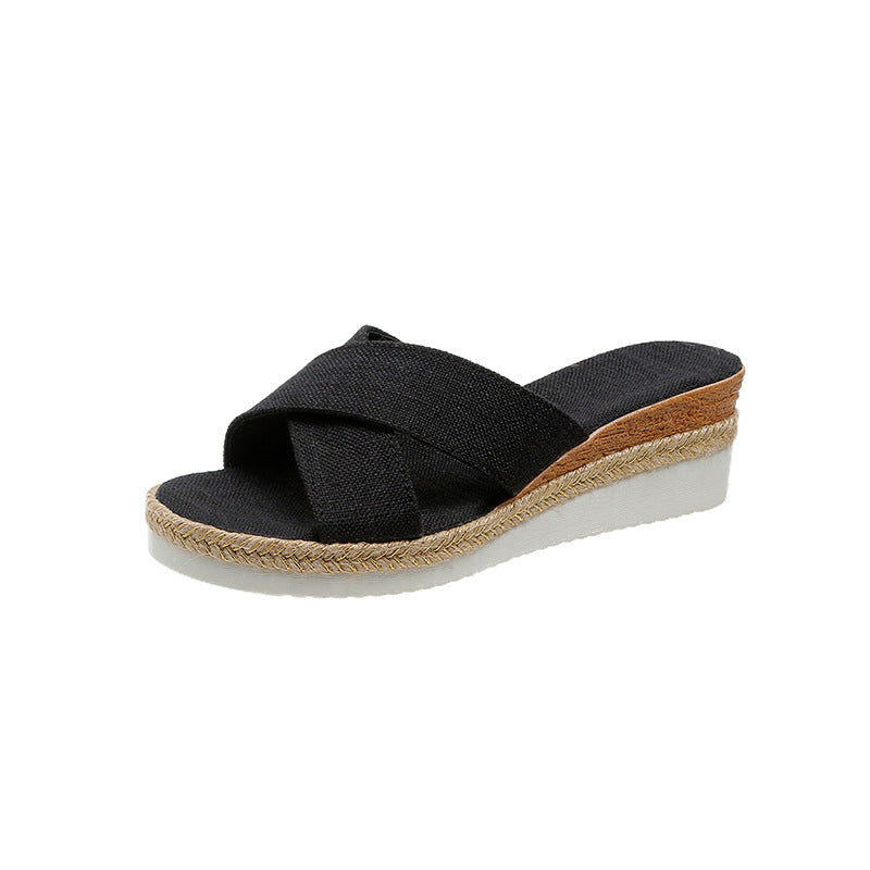 Sarah Express Women's Hemp Platform Wedge Sandals Black
